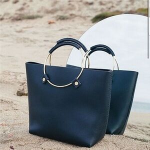 Tribe Alive Black Leather Circle Handle Tote Bag